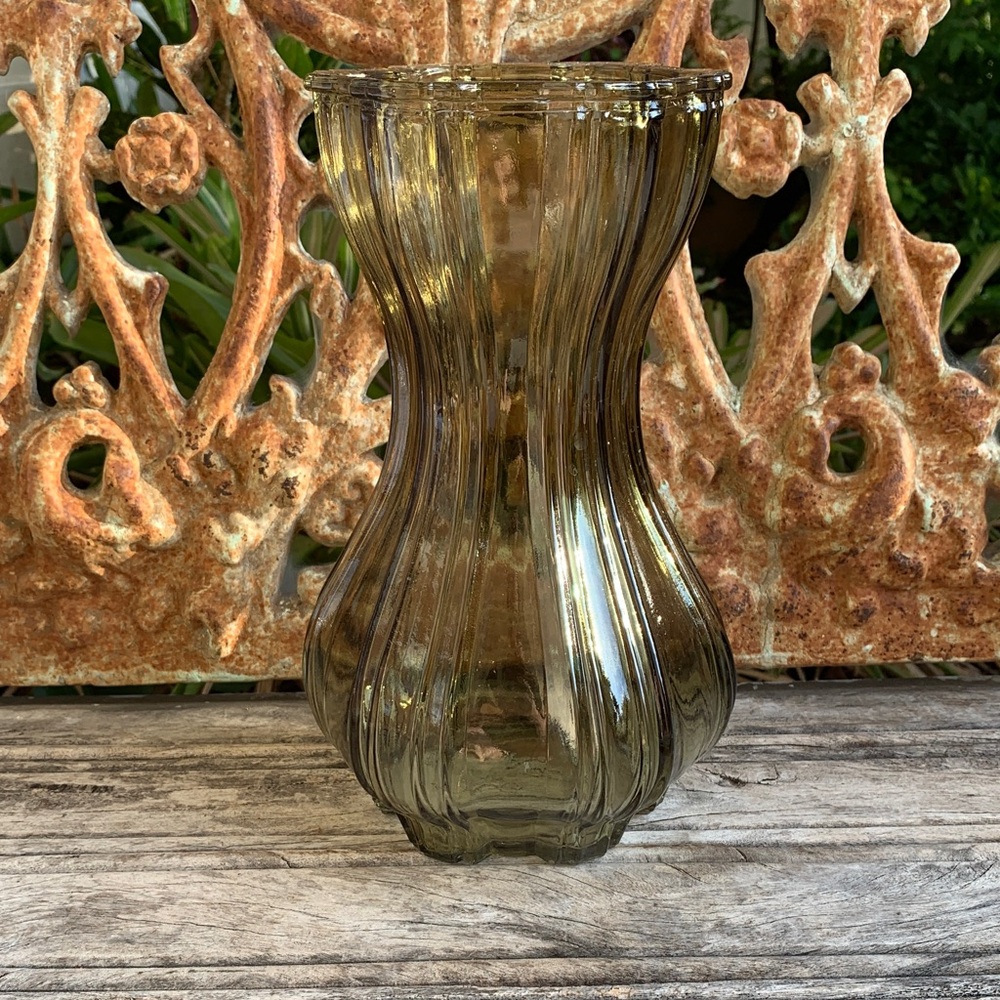 Vintage Smoked Glass Ribbed Vase - Home Accents